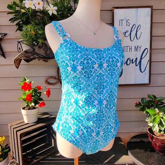 CATALINA ♡ Gorgeous 1pc Aqua Blue 'n White Padded Bralette Swimsuit L (12-14) - Picture 11 of 17